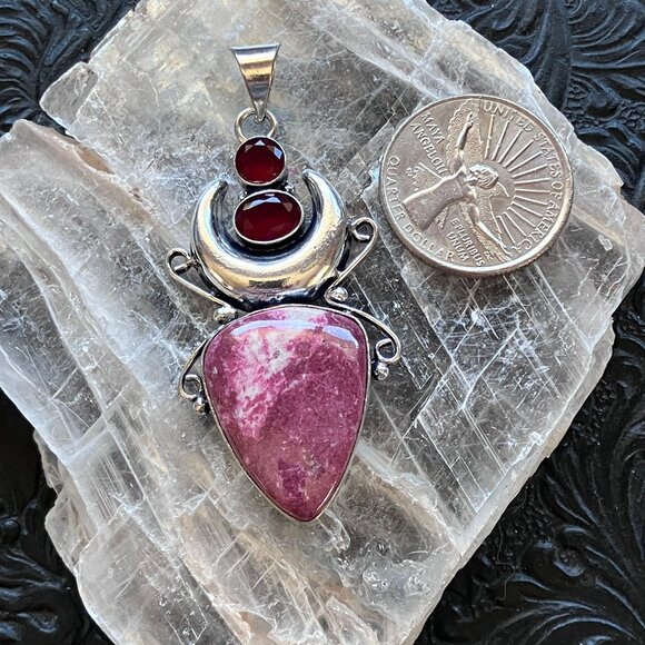 Thulite Rosaline and Garnet Witchy Mustic Lunar Crystal Stone Jewelry Pendant - Picture 4 of 7